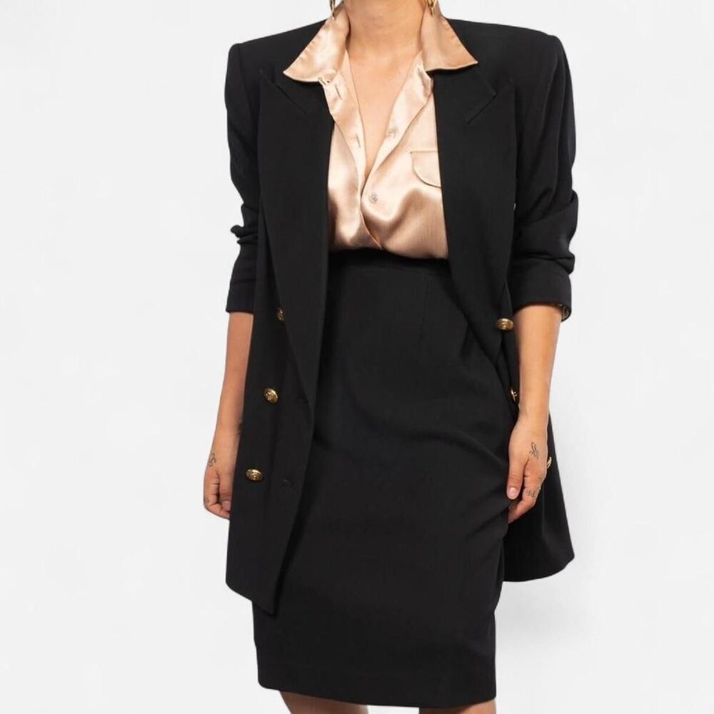 Vintage 80s Liz Claiborne Black Skirt Suit Crest Blazer